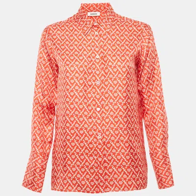 Sandro Red Printed Silk Button Front Long Sleeve Shirt In Red
