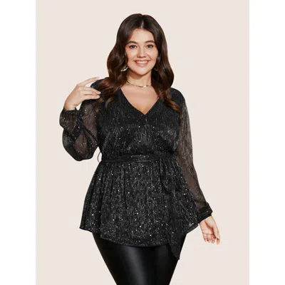 Bloomchic Sequin Mesh Lantern Sleeve Wrap Belted Striped Blouse In Multi