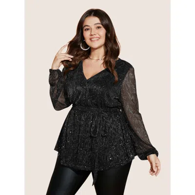 Bloomchic Sequin Mesh Lantern Sleeve Wrap Belted Striped Blouse In Multi
