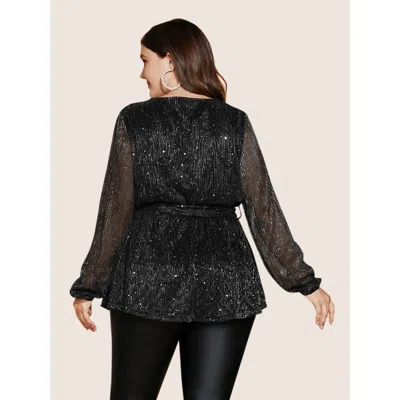 Bloomchic Sequin Mesh Lantern Sleeve Wrap Belted Striped Blouse In Multi