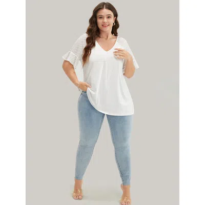 Bloomchic Plain Geometric Mesh Raglan Sleeve Ruffle Trim T-shirt In Multi