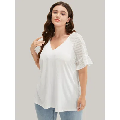Bloomchic Plain Geometric Mesh Raglan Sleeve Ruffle Trim T-shirt In Multi