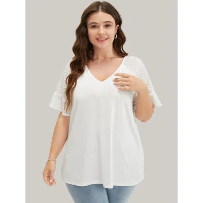 Bloomchic Plain Geometric Mesh Raglan Sleeve Ruffle Trim T-shirt In Multi