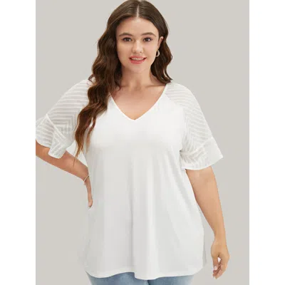 Bloomchic Plain Geometric Mesh Raglan Sleeve Ruffle Trim T-shirt In Multi