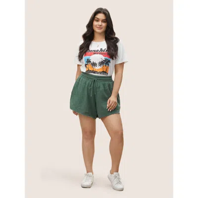 Bloomchic Solid Drawstring Elastic Waist Raw Hem Shorts In Mint