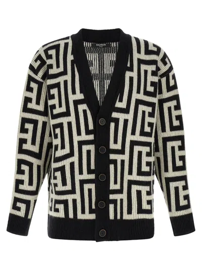 Balmain Monogram V Neck Mid Length Cardigan In Bicolor