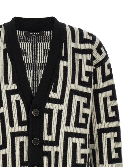 Balmain Monogram V Neck Mid Length Cardigan In Bicolor