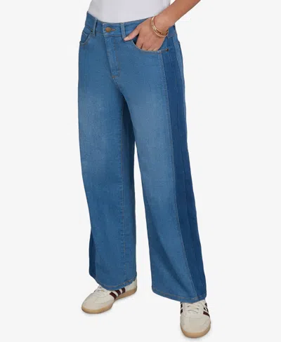 Ruby Rd. Petite Pull-on Wide-leg Two-tone Jeans In Blue