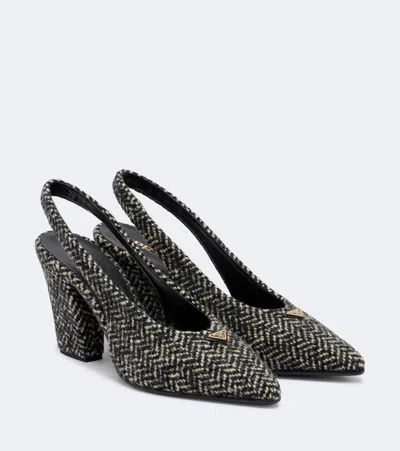 Prada White And Black Slingback Pumps In Chevron Fabric In Black