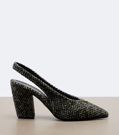 Prada White And Black Slingback Pumps In Chevron Fabric In Black