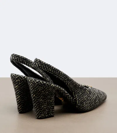 Prada White And Black Slingback Pumps In Chevron Fabric In Black