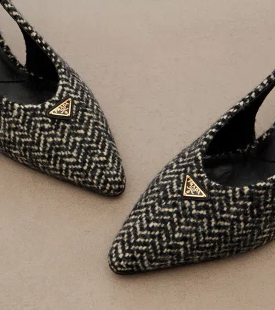 Prada White And Black Slingback Pumps In Chevron Fabric In Black
