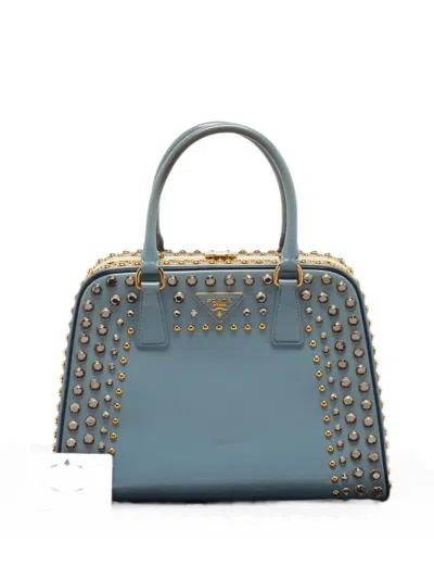 Pre-owned Prada Pyramid Frame Crystal-embellished Tote Bag In Blue