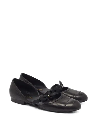 Pre-owned Chanel Bow-strap Ballet Flats In Black