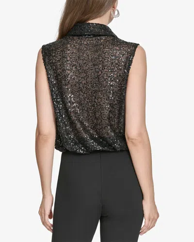 Halston Collared Sequin Top In Black