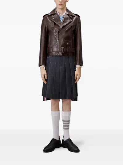 Thom Browne Belted Leather Biker Jacket In Brown