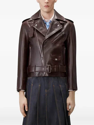 Thom Browne Belted Leather Biker Jacket In Brown