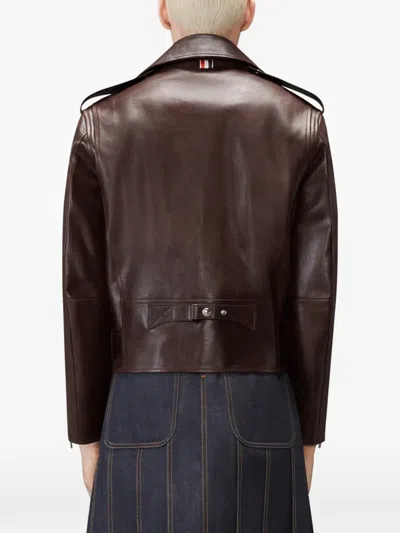 Thom Browne Belted Leather Biker Jacket In Brown