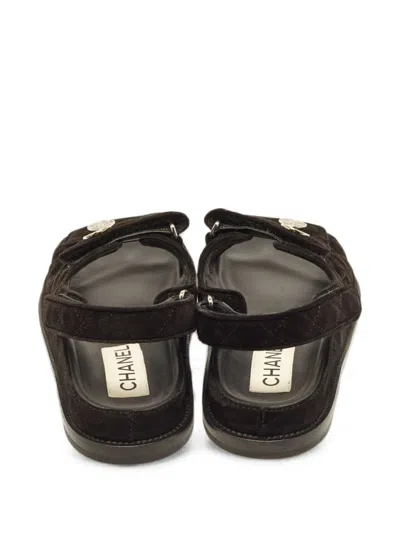 Pre-owned Chanel Touch-strap Flat Sandals In Black
