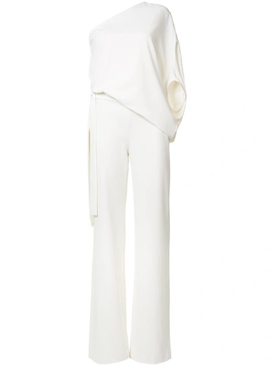 Halston Heritage One-shoulder Draped Wide-leg Jumpsuit In White