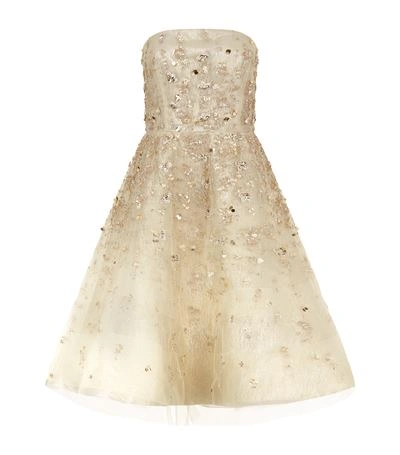 Oscar De La Renta Beaded Strapless Tulle Cocktail Dress, Beige