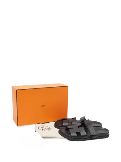Pre-owned Hermes Chypre Touch-strap Sandals In Black