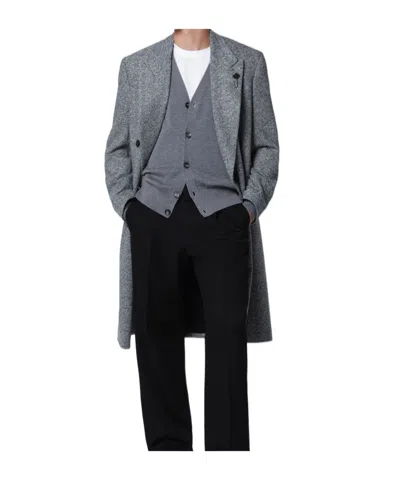 Lardini Grey Double-breasted Coat In Wool With Herringbone Pattern In Gray