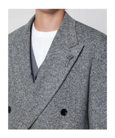 Lardini Grey Double-breasted Coat In Wool With Herringbone Pattern In Gray