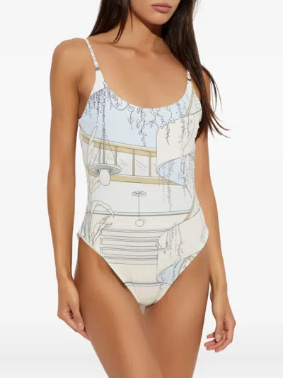 Tory Burch Printed Low-back Swimsuit In White