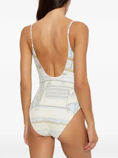 Tory Burch Printed Low-back Swimsuit In White