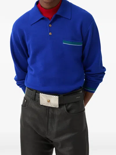 Versace Pull Polo En Maille De Laine Jacquard In Blue