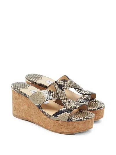 Pre-owned Jimmy Choo Atia Python-embossed Wedge-heel Sandals In Grey