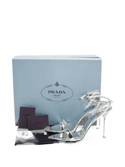 Pre-owned Prada Triangle Logo Ankle-strap Sandals In Silver