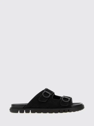 Ferragamo Logo Double Strap Slippers In Black