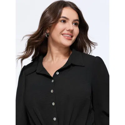 Bloomchic Solid Collared Long Sleeve Tie Hem Blouse In Black