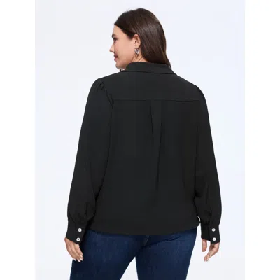 Bloomchic Solid Collared Long Sleeve Tie Hem Blouse In Black