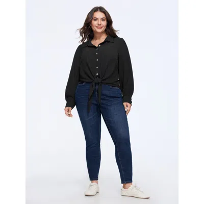 Bloomchic Solid Collared Long Sleeve Tie Hem Blouse In Black
