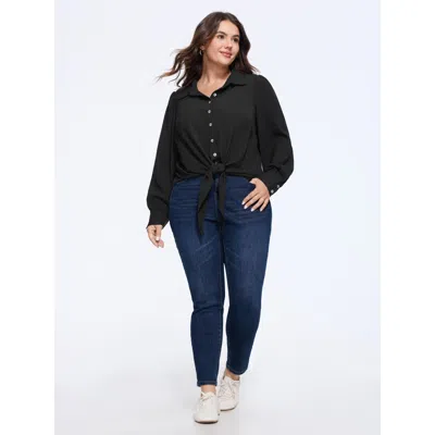 Bloomchic Solid Collared Long Sleeve Tie Hem Blouse In Black