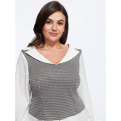 Bloomchic Lapel Neck Houndstooth Patchwork Long Sleeve Fitted Blouse In Opticwhite