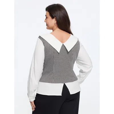 Bloomchic Lapel Neck Houndstooth Patchwork Long Sleeve Fitted Blouse In Opticwhite