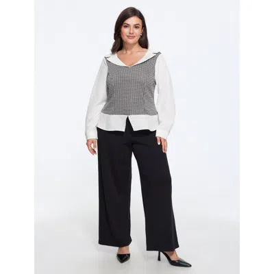 Bloomchic Lapel Neck Houndstooth Patchwork Long Sleeve Fitted Blouse In Opticwhite