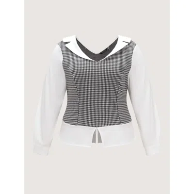 Bloomchic Lapel Neck Houndstooth Patchwork Long Sleeve Fitted Blouse In Opticwhite