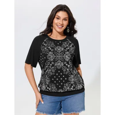 Bloomchic Supersoft Boho Print Raglan Sleeve T-shirt In Black
