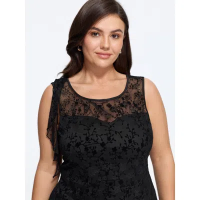 Bloomchic Solid Lace Round Neck Tank Top In Black