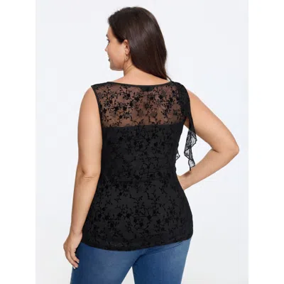 Bloomchic Solid Lace Round Neck Tank Top In Black