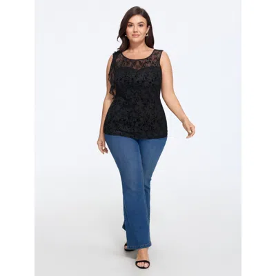 Bloomchic Solid Lace Round Neck Tank Top In Black