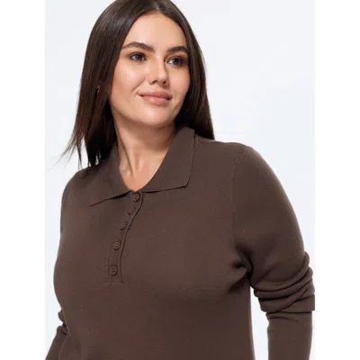 Bloomchic Polo Collar Long Sleeve Button Pullover In Darkbrown