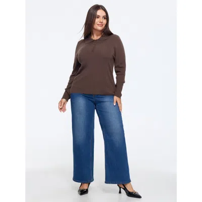 Bloomchic Polo Collar Long Sleeve Button Pullover In Darkbrown