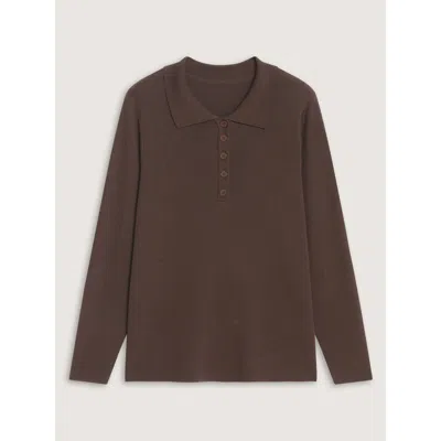 Bloomchic Polo Collar Long Sleeve Button Pullover In Darkbrown