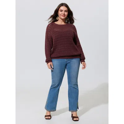 Bloomchic Textured Cut Out Round Neck Long Sleeve Pullover In Plum